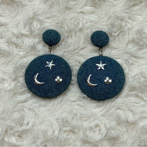 Vintage Denim Star Moon Dangle Stud Earrings 1980’s - Picture 1 of 5